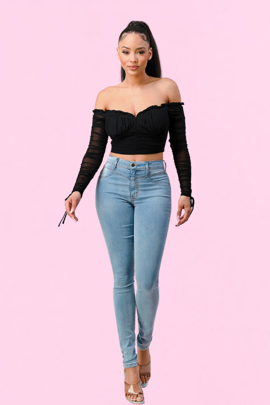 Prissy Off Shoulder Ruched Cropped Top